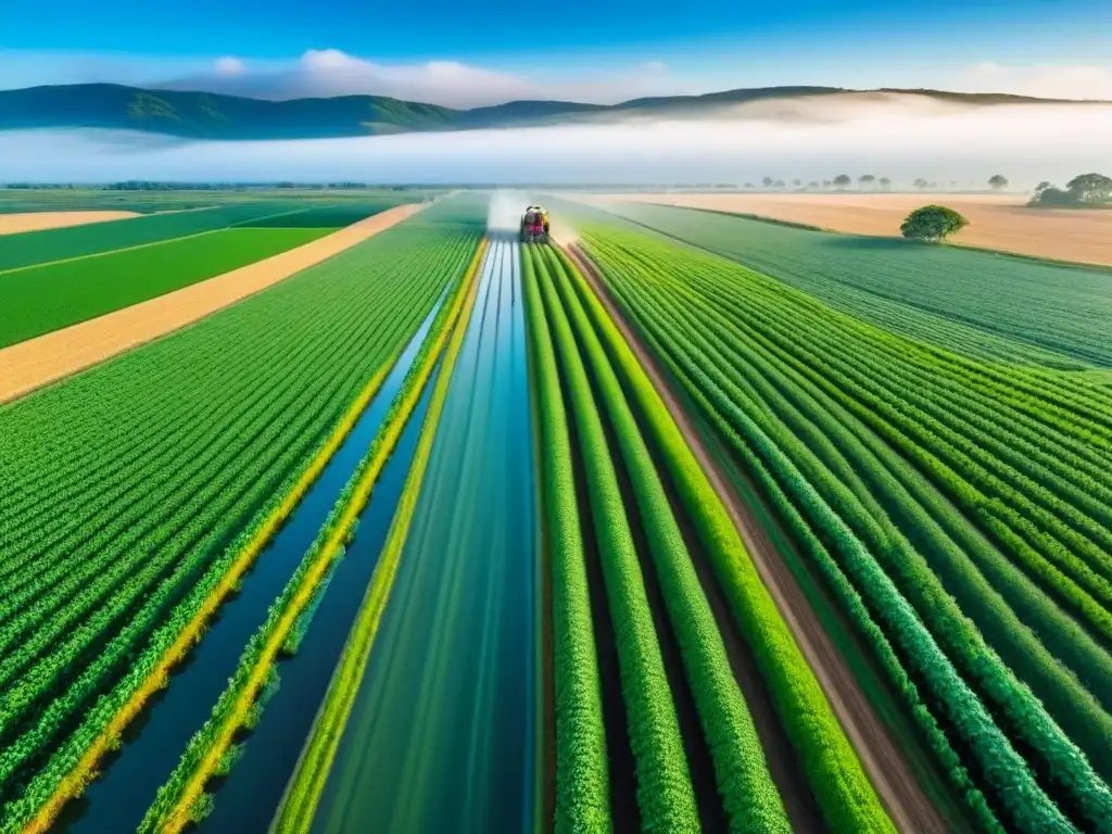 Espléndida vista aérea de granja sostenible en campos verdes Un mar de campos verdes y ordenados, con tractores y canales de riego, bajo un cielo azul