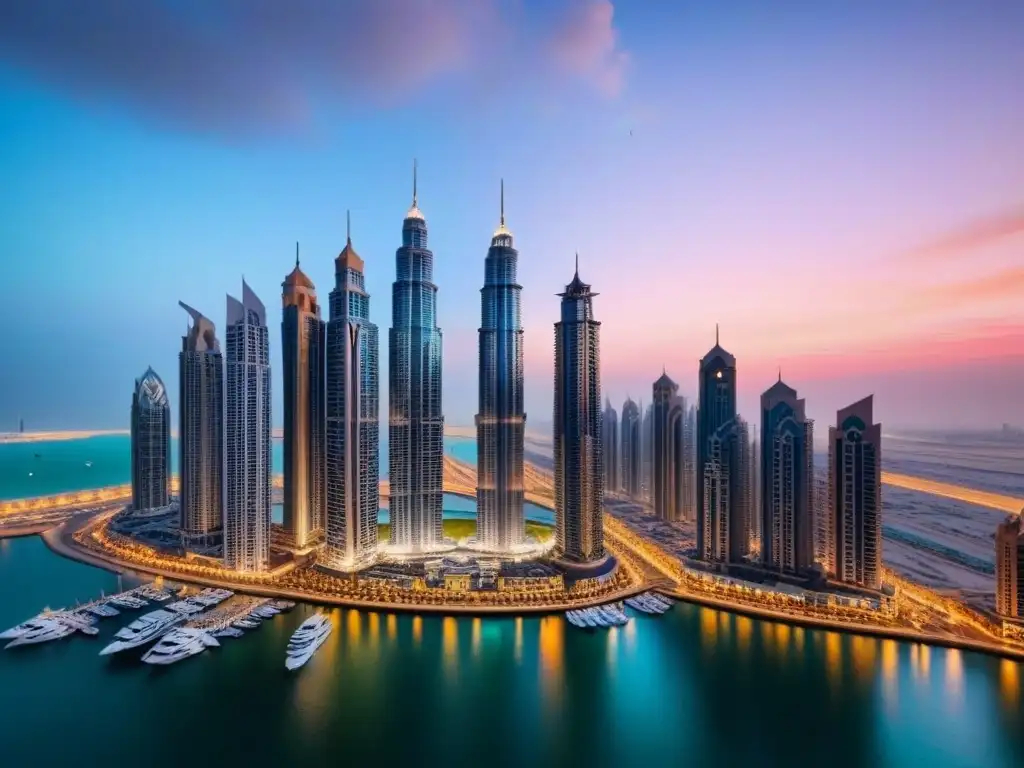Espectacular vista aérea de Dubai Marina con Cayan Tower al atardecer Maravillosa vista aérea de la línea de costa de Dubai al atardecer, con la icónica Torre Cayan y rascacielos iluminados reflejándose en las tranquilas aguas, bajo un cálido atardecer naranja y rosado en el futurista horizonte de la ciudad