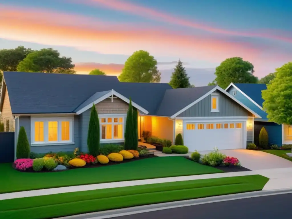 Vecindario suburbano sereno: casas modernas y seguras en entorno natural Una maravillosa vista de un barrio tranquilo con casas modernas y seguras rodeadas de naturaleza exuberante