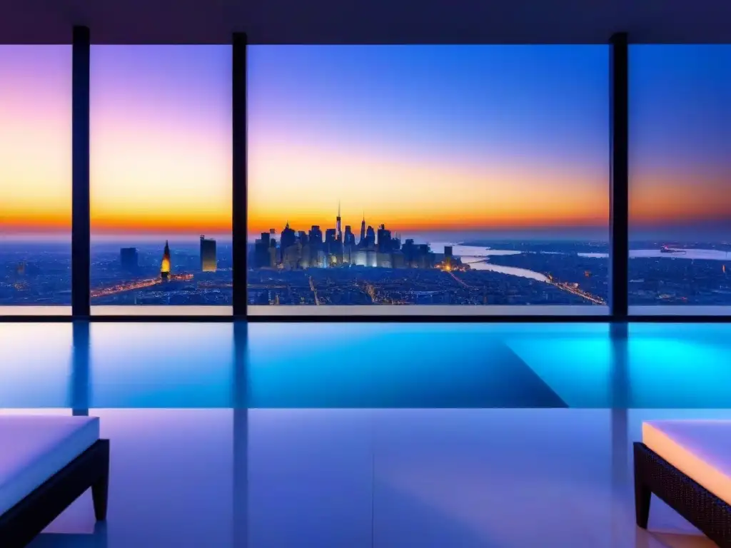 Penthouse de lujo con piscina infinita privada y vista a la ciudad Marketing digital para propiedades de lujo: Penthouse moderno con vista a la ciudad, terraza con piscina infinita al atardecer