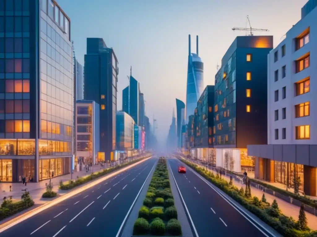 Metrópolis futurista ecoamigable al atardecer Materiales de construcción sostenibles en desarrollos urbanos futuristas al atardecer