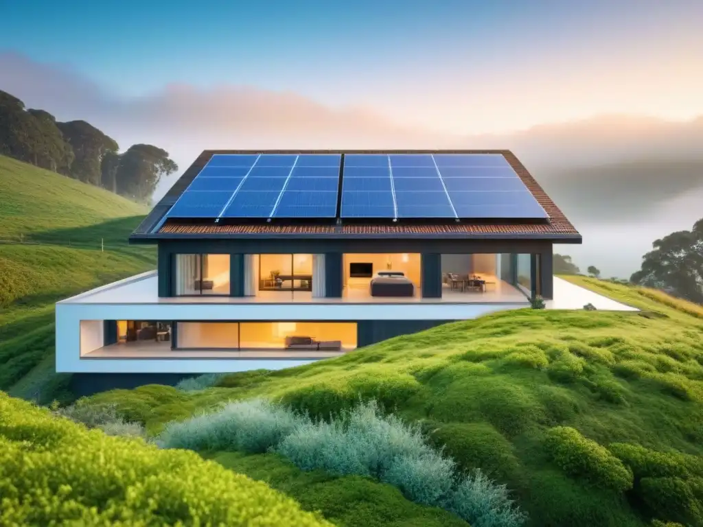 Casa ecológica moderna con paneles solares y techo verde en entorno natural Casa ecológica con materiales de construcción sostenibles en un entorno verde bajo cielo azul claro