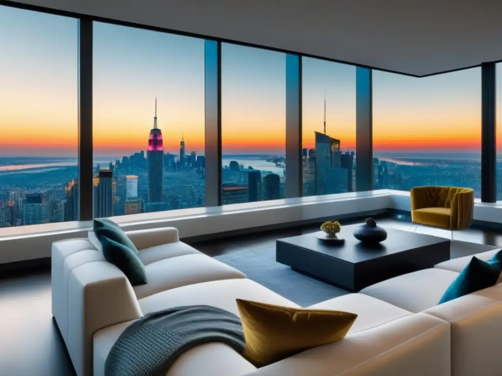 Espacio de lujo ultramoderno con vista panorámica de la ciudad Diseño a medida de lujo moderno: Sala de estar de concepto abierto con vista panorámica de la ciudad y mobiliario minimalista