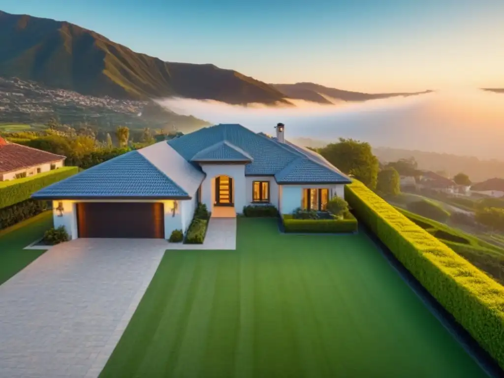 Mejores drones fotografía inmobiliaria: Drone moderno capturando lujo y paisaje en propiedad residencial