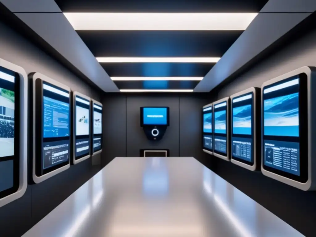 Sistema de seguridad ultrafuturista para espacios comerciales Mejores prácticas seguridad espacios comerciales: Sistema de seguridad futurista con control biométrico y reconocimiento facial en espacio comercial