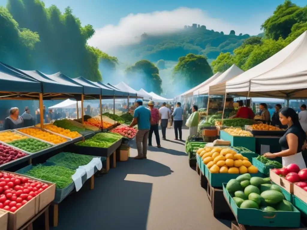 Mercado agrícola sostenible: diversidad y energía vibrante Mercado agrícola bullicioso con productos orgánicos bajo árboles verdes, energía sostenible y técnicas ecoamigables en restauración