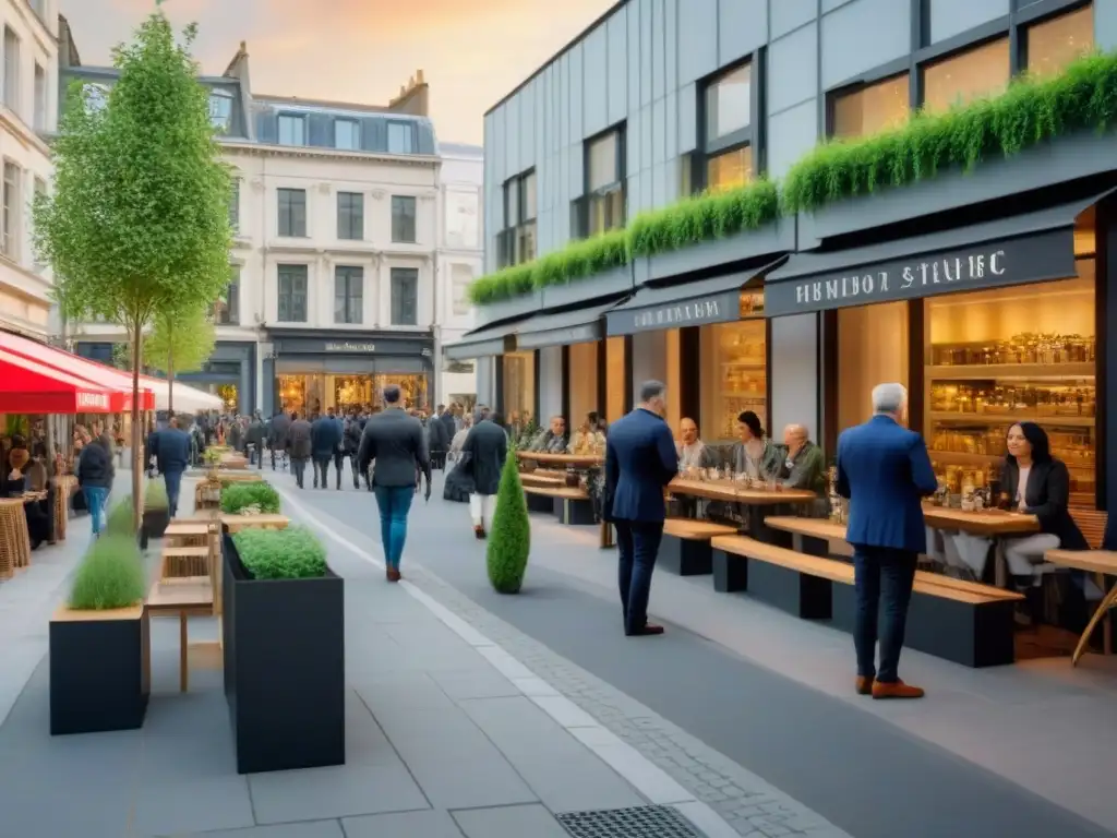 Escena urbana vibrante: diversidad de consumidores explorando tiendas y cafeterías en un bullicioso entorno comercial Investigación de mercado en desarrollo: escena urbana vibrante con consumidores de diversas edades y fondos interactuando en espacios comerciales
