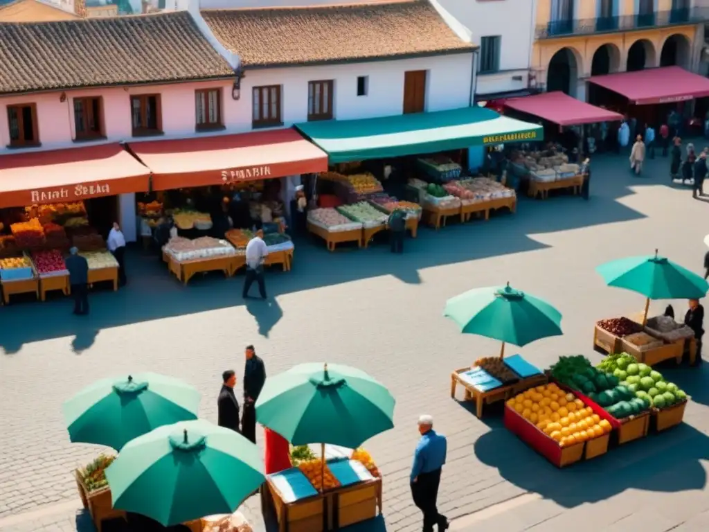 Mercado español vibrante: ambiente colorido y acogedor Mercado español vibrante con puestos coloridos y cafés al aire libre bajo sombrillas, Requisitos compra propiedad España