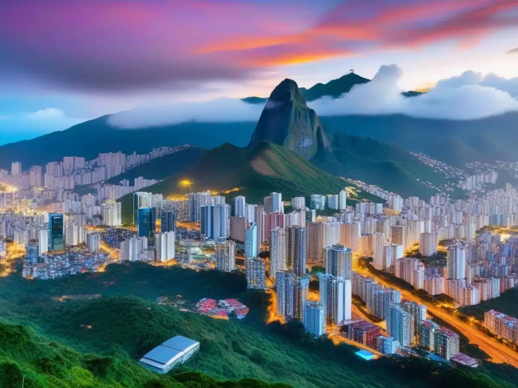 Espectacular atardecer en Caracas: modernidad y tradición Invertir en el mercado inmobiliario de Venezuela: Vista aérea de Caracas al atardecer con modernos rascacielos y vida urbana vibrante