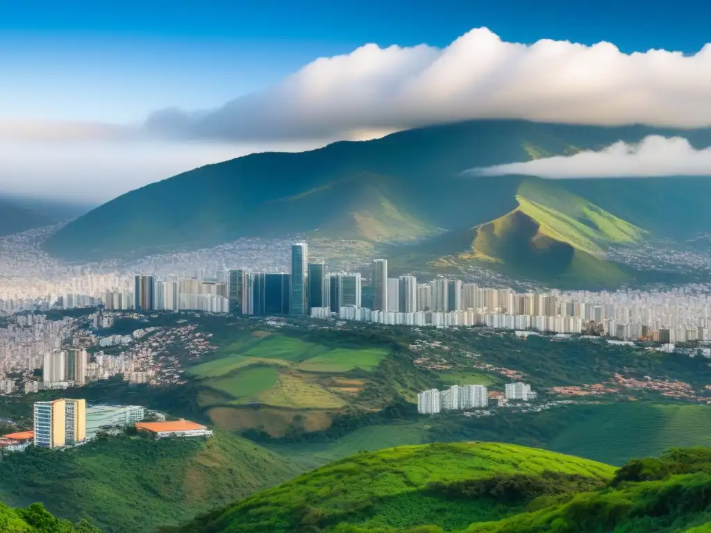 Skyline moderno de Caracas: Oportunidades inmobiliarias en Venezuela Invierte en el mercado inmobiliario de Venezuela con esta impresionante vista de Caracas, mostrando su skyline moderno y la vegetación del Ávila