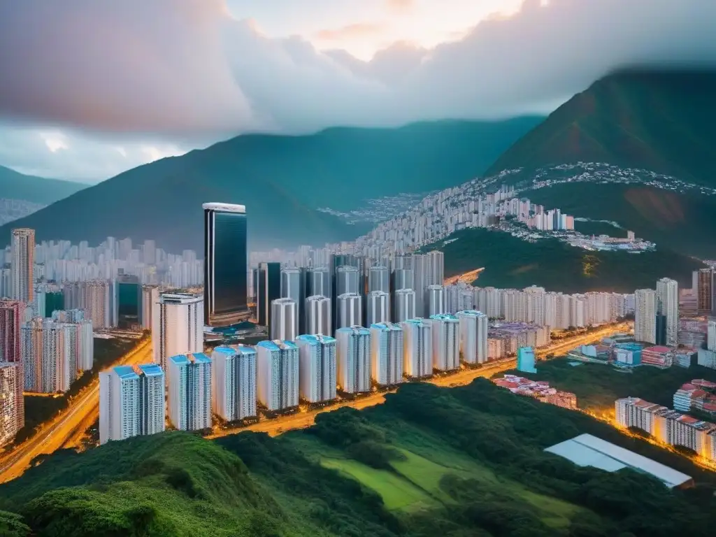 Cityscape Caracas: arquitectura moderna y tradicional en Venezuela Invertir en el mercado inmobiliario de Venezuela: ciudad de Caracas fusiona modernidad y tradición en vibrante atardecer