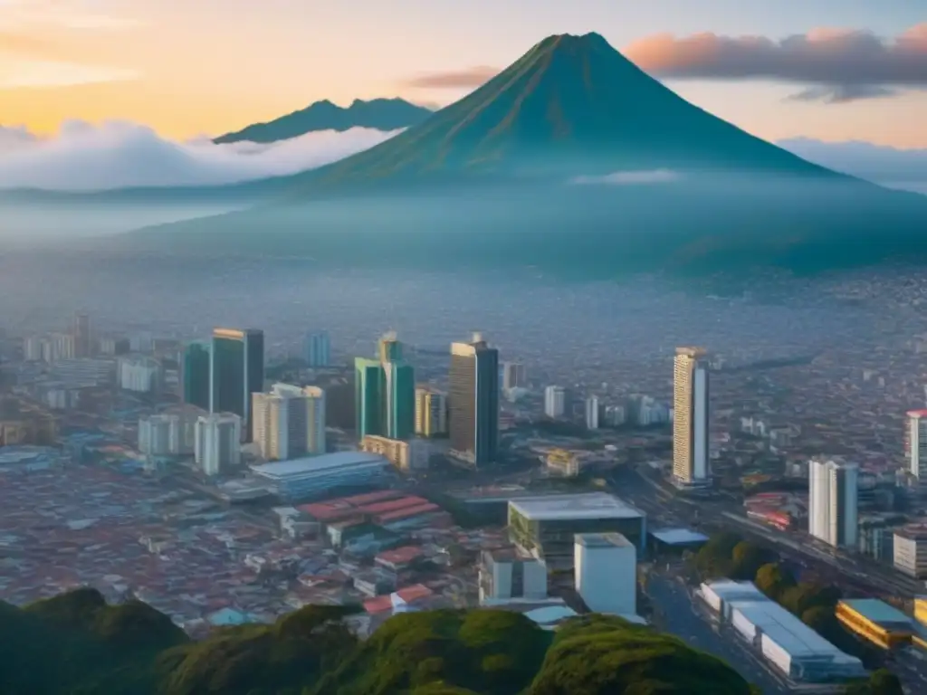 Skyline moderno de Guatemala City: oportunidades de inversión y desarrollo Invertir en el mercado inmobiliario de Guatemala: skyline moderno con rascacielos relucientes y montañas verdes de fondo