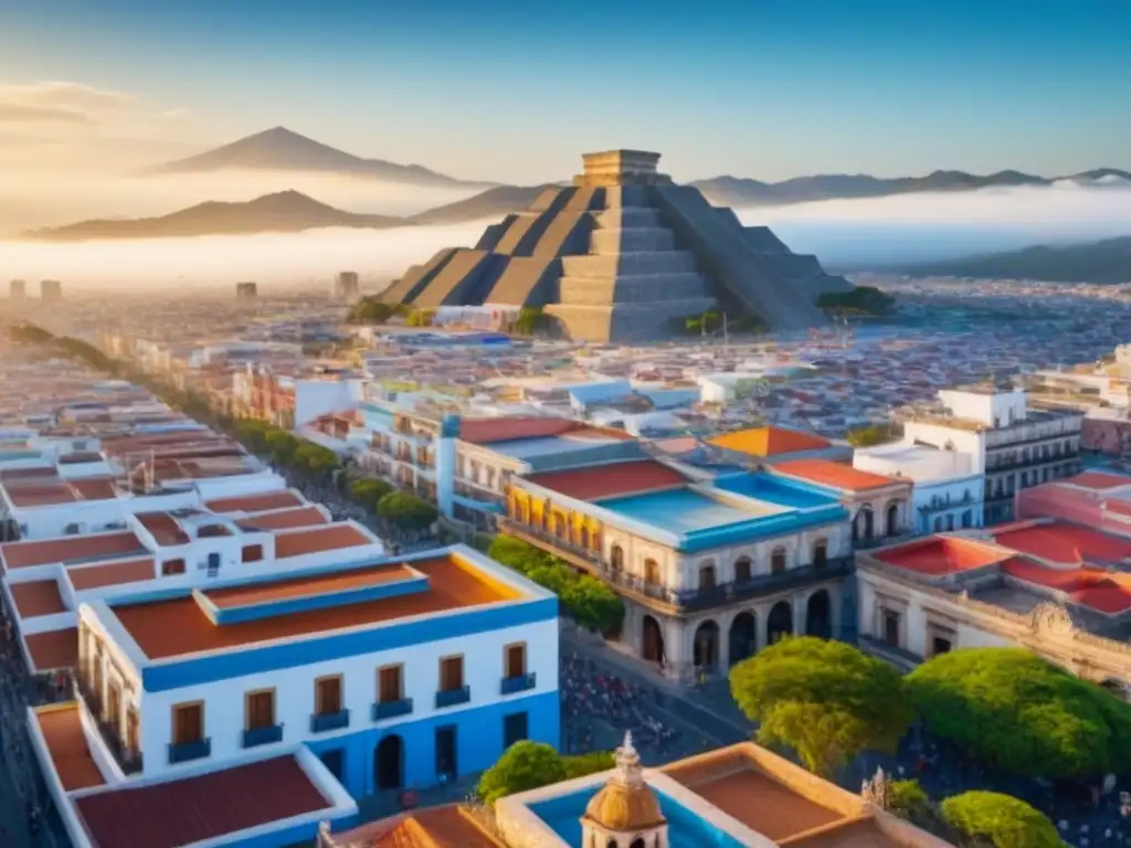 Mercado inmobiliario México principiantes: Ciudad mexicana vibrante con arquitectura moderna y tradicional, simbolizando crecimiento y diversidad