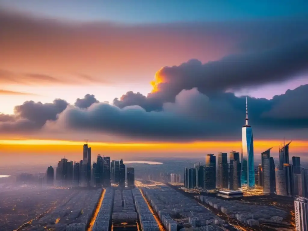 Metrópolis futurista: innovación y tecnología en skyline dorado Invertir en mercado inmobiliario sin propiedad: Ciudad futurista con rascacielos reflectantes al atardecer dorado, innovación y progreso
