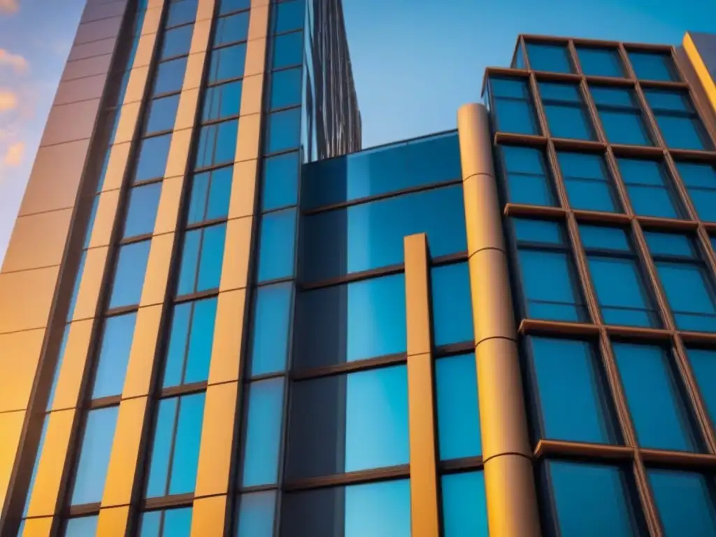 Edificio de lujo con vista panorámica al atardecer Invertir en mercado inmobiliario sin propiedad: Fachada de edificio de lujo con ventanas de vidrio reflectante, ciudad al fondo al atardecer