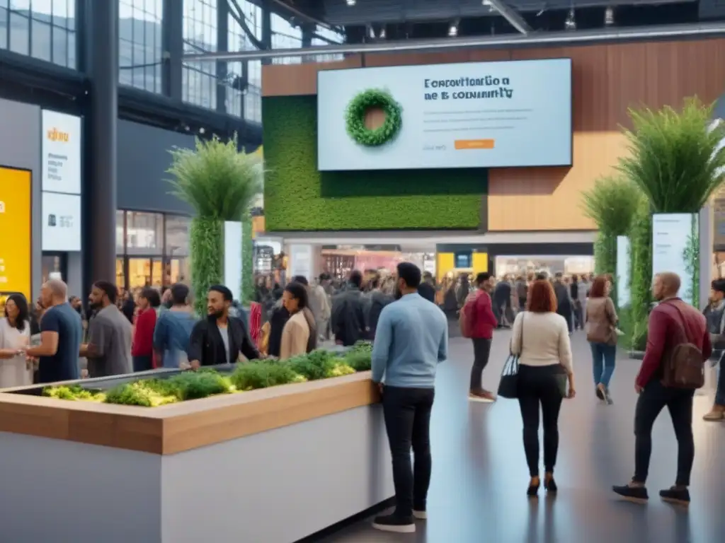 Mercado urbano moderno: conectividad, innovación y comunidad Un mercado interior moderno y animado con diversidad de compradores interactuando con pantallas, disfrutando de comida de vendedores trendy, asistiendo a talleres y socializando en áreas con estilo