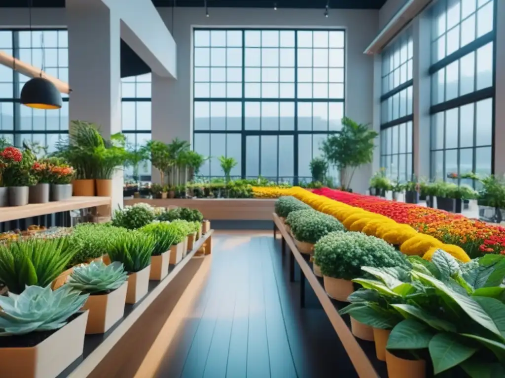 Mercado eco-sostenible con plantas y luz natural Un mercado interior sostenible con diseño moderno y plantas exuberantes