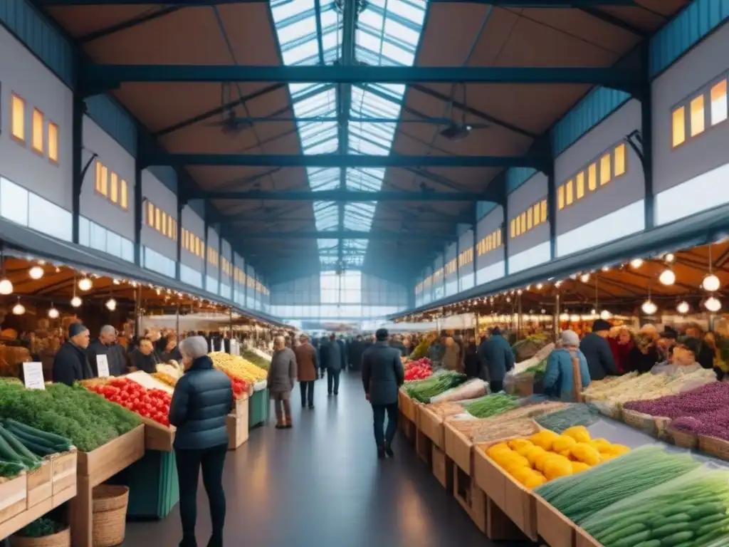 Mercado interior vibrante con diversidad de productos artesanales y frescos Un mercado interior vibrante y bullicioso, con vendedores diversos y clientes felices, creando una atmósfera dinámica