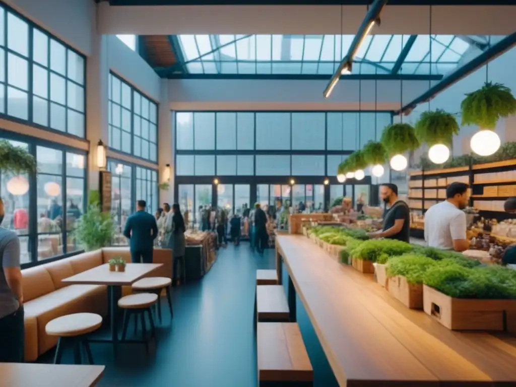 Mercado interior vibrante y diverso en resolución 8k Un mercado interior vibrante con diversidad de vendedores y espacios multifuncionales, beneficios espacios comerciales multifuncionales