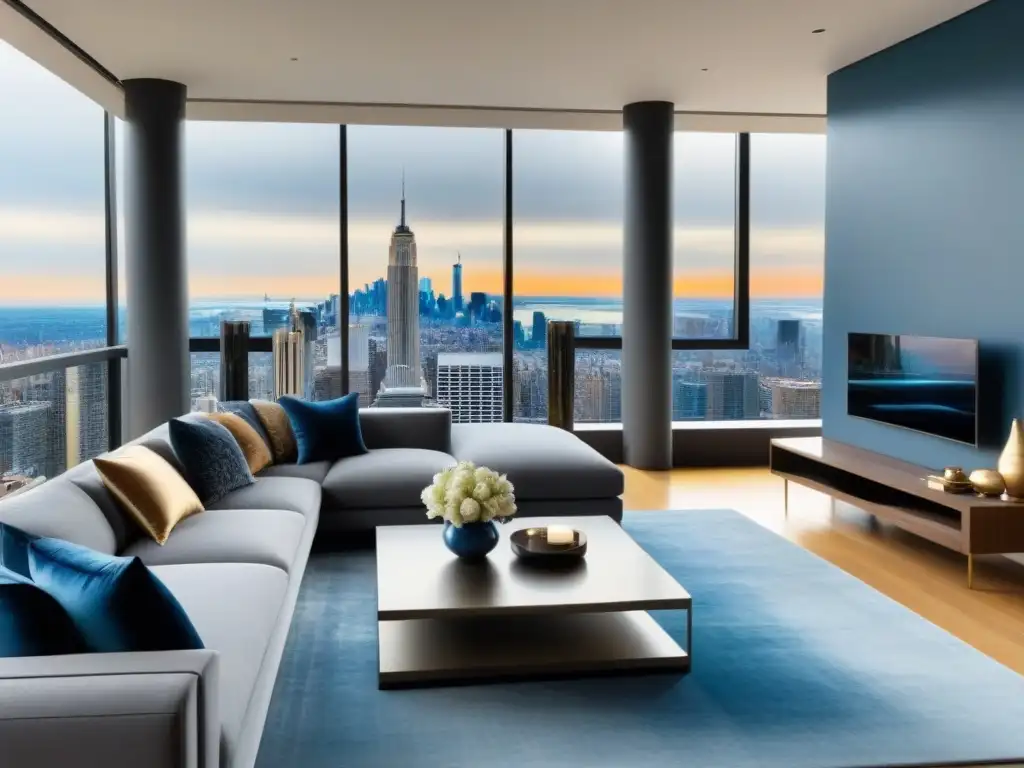 Penthouse de lujo: Sala moderna con vista a la ciudad Invertir en mercado lujo accesible: Sala de estar lujosa y moderna en penthouse con vista a la ciudad