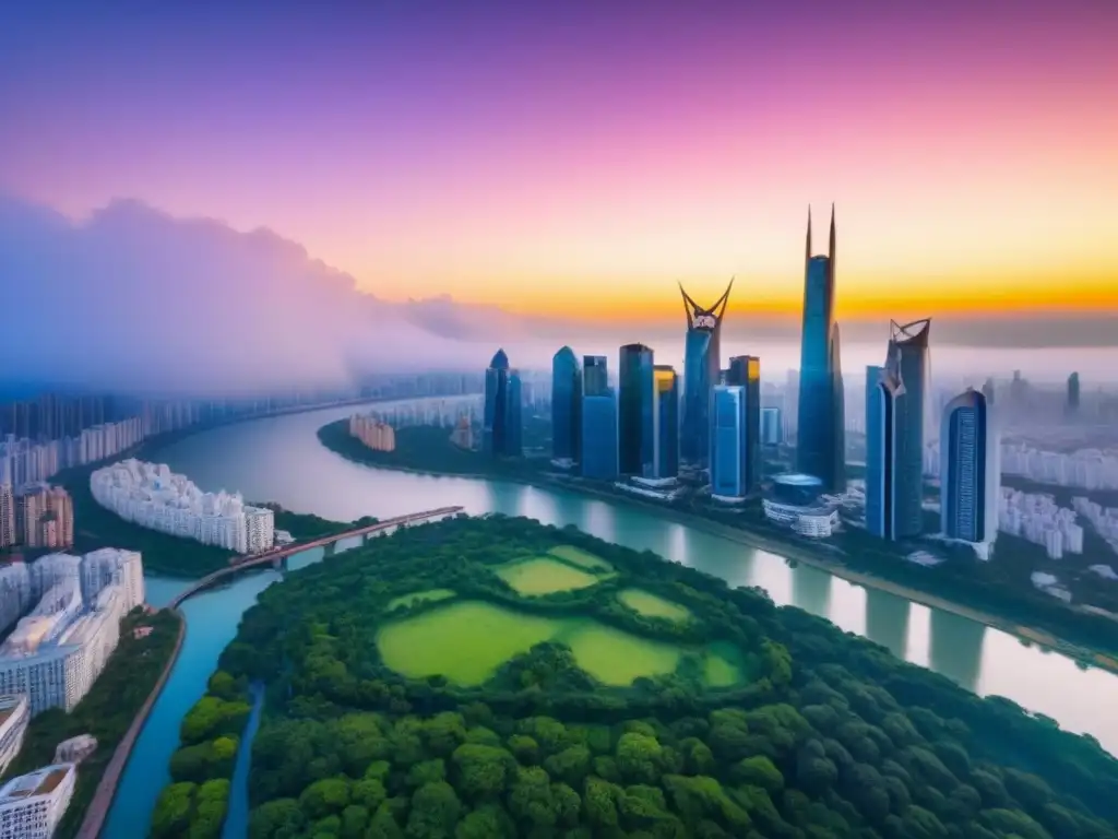 Espectacular skyline de ciudad emergente: modernidad y naturaleza Invierte en mercados emergentes lujo: atardecer dorado en ciudad lujosa con rascacielos y naturaleza exuberante