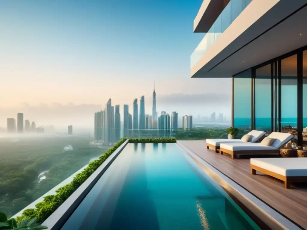 Propiedad de lujo en ciudad emergente: arquitectura moderna y opulencia Invertir en mercados emergentes lujo: Exclusivo rascacielos en ciudad emergente, reflejando modernidad y naturaleza exuberante