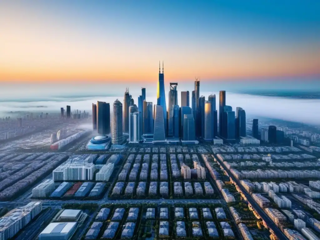 Horizonte futurista: lujo y arquitectura moderna Invertir en mercados emergentes lujo: Vista aérea de una metrópolis futurista con rascacielos de lujo y arquitectura moderna