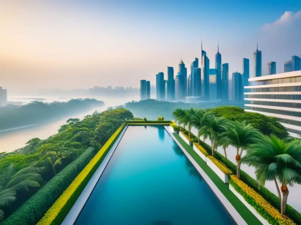 Mansión de lujo en ciudad emergente: arquitectura moderna, vegetación exuberante y piscina infinita con vista panorámica Invertir en mercados emergentes lujo: Vista aérea de propiedad lujosa en ciudad emergente con arquitectura moderna y piscina infinita
