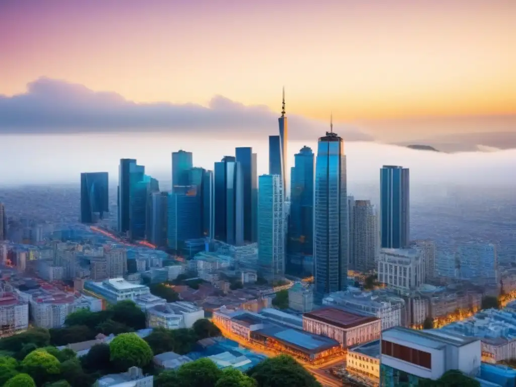 Metrópolis emergente: vibrante real estate en ciudad en crecimiento 'Mercados inmobiliarios en ciudades emergentes: Una ciudad en auge con rascacielos, calles bulliciosas y arquitectura moderna y tradicional