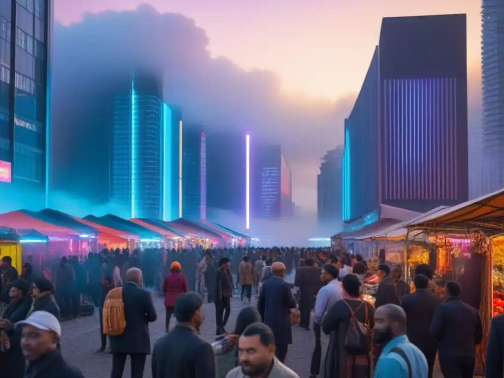 Metrópolis futurista: luces neón y diversidad urbana en crecimiento Una metrópolis futurista iluminada por luces de neón, con gente participando en actividades comunitarias