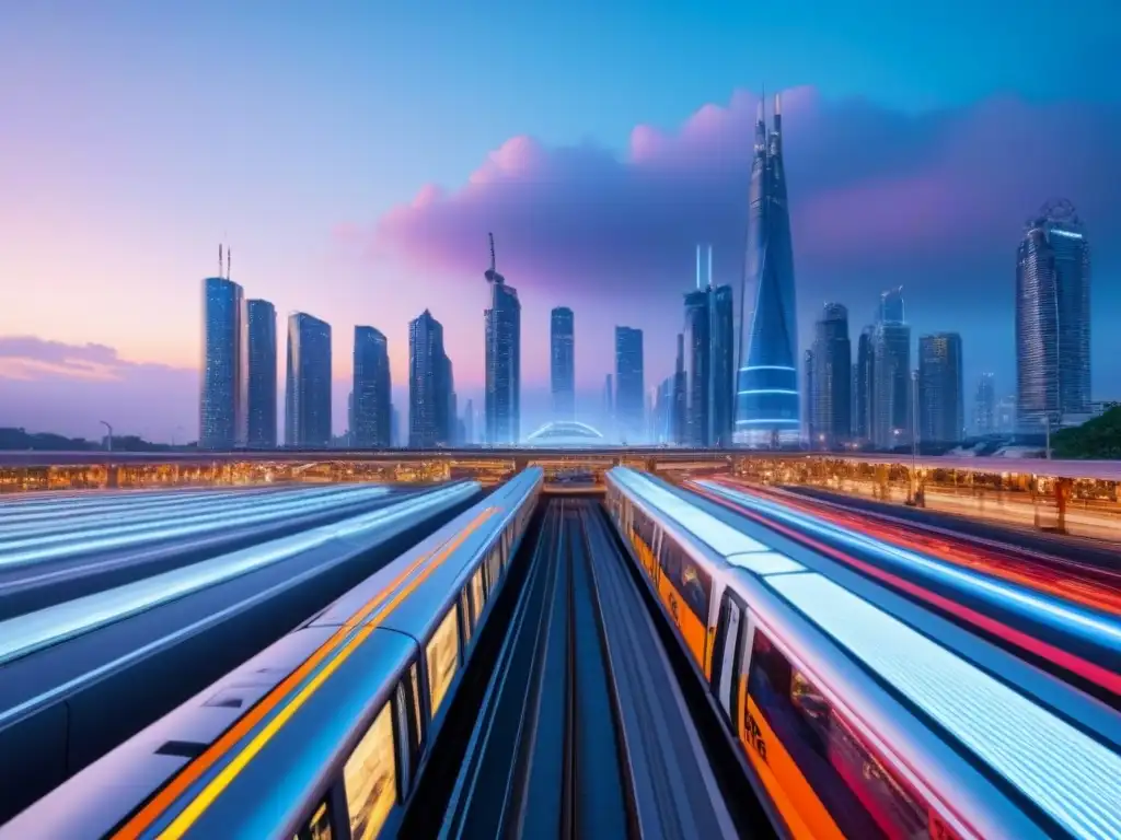 Metrópolis futurista iluminada: transporte avanzado y arquitectura moderna Una metrópolis futurista iluminada por luces coloridas, con arquitectura moderna y avanzados sistemas de transporte