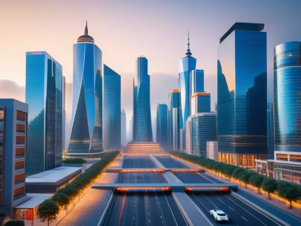Metrópolis futurista: integración de IA en leyes inmobiliarias Una metrópolis futurista fusiona IA en Legislación Inmobiliaria con tradición y tecnología de vanguardia