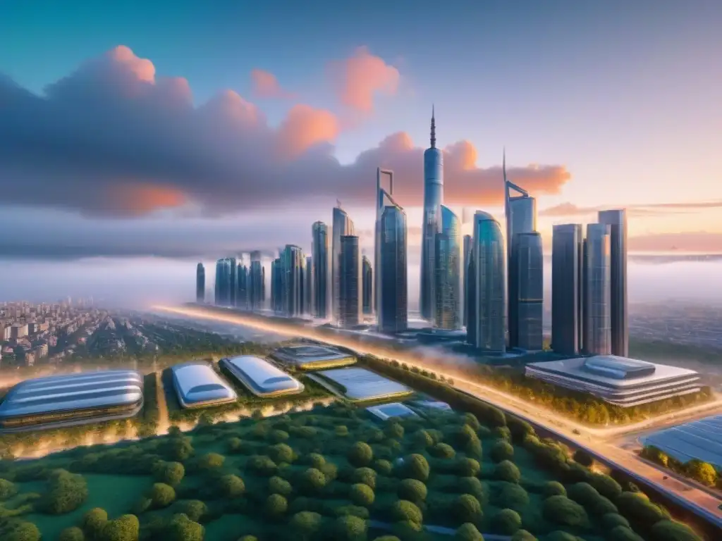 Metrópolis futurista: IA optimiza ciudad inteligente Una metrópolis futurista con IA en el mercado inmobiliario, fusionando tecnología y naturaleza