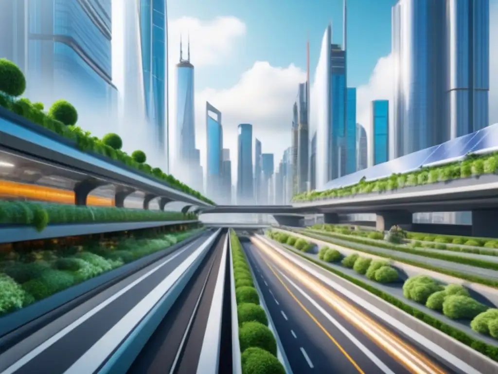 Metrópolis futurista: tecnología y naturaleza en armonía Una metrópolis futurista con rascacielos y tecnologías avanzadas, reflejando la armonía entre la tecnología y la naturaleza