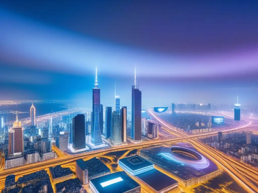 Metropolis futurista: tecnología digital y rascacielos ultramodernos Una metrópolis futurista con rascacielos ultramodernos y tecnologías digitales avanzadas, reflejando estrategias de inversión inmobiliaria avanzadas
