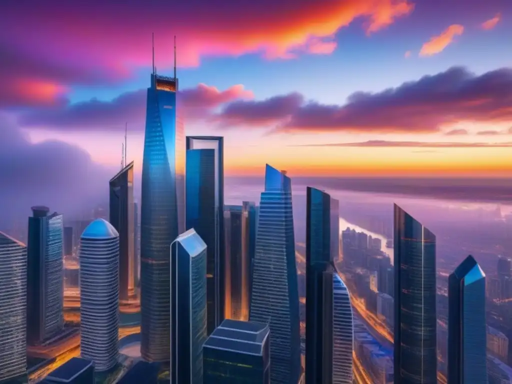 Innovación inmobiliaria: Futurista ciudad de cristal al atardecer Una metrópolis futurista de vidrio y acero con profesionales analizando derivados de crédito en inmobiliaria