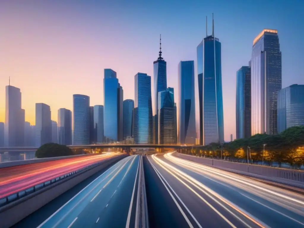 Horizonte urbano al atardecer: modernidad y prosperidad Una metrópolis moderna al atardecer, reflejando el brillo del sol