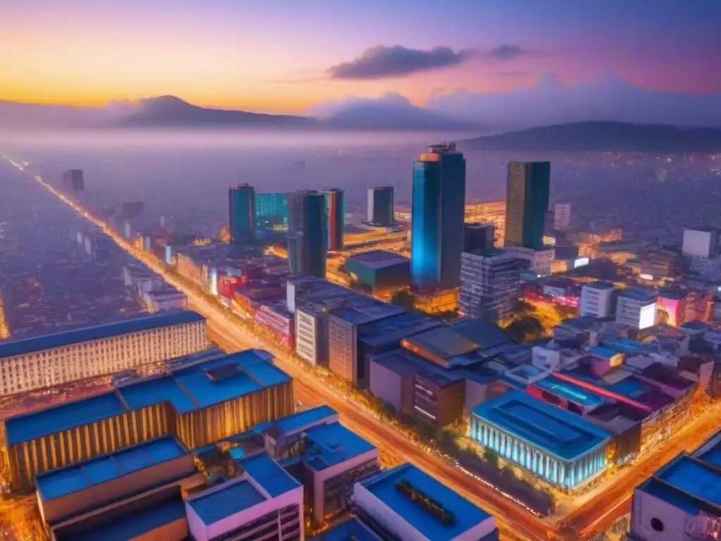 Horizonte vibrante de la Ciudad de México al anochecer Una metrópolis vibrante y futurista de la Ciudad de México al anochecer, con rascacielos iluminados y calles llenas de vida