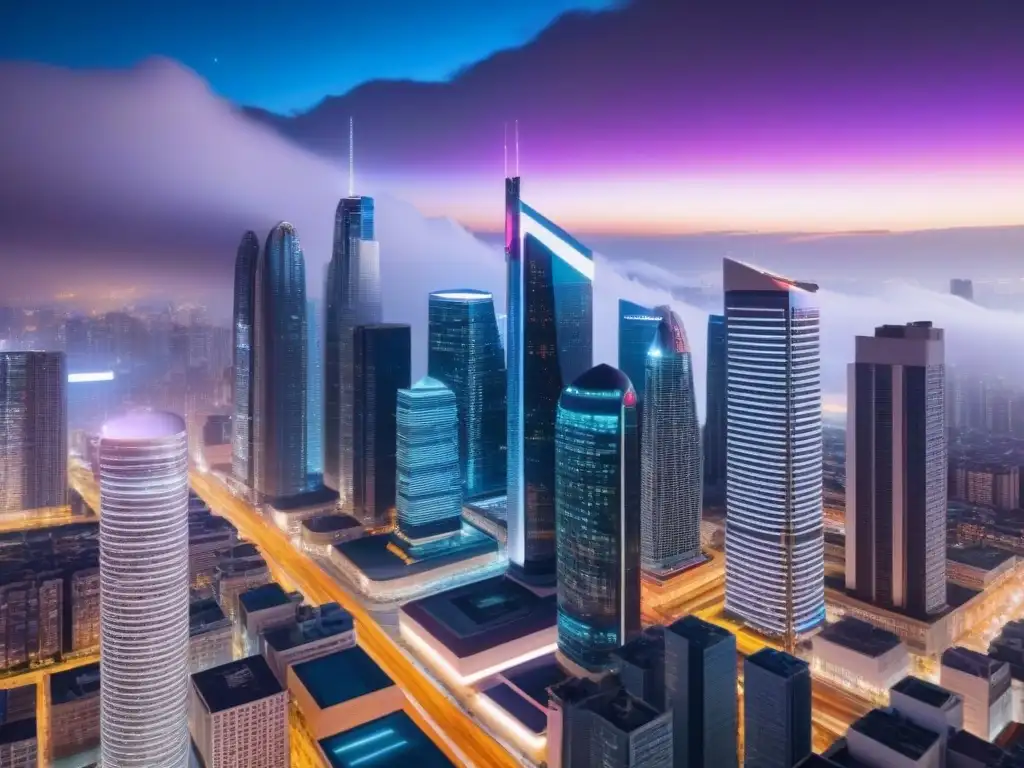 Espectacular ciudad nocturna: skyline moderno en 8k Una metrópolis vibrante iluminada por luces de colores, reflejando la vanguardia del análisis de datos en bienes raíces
