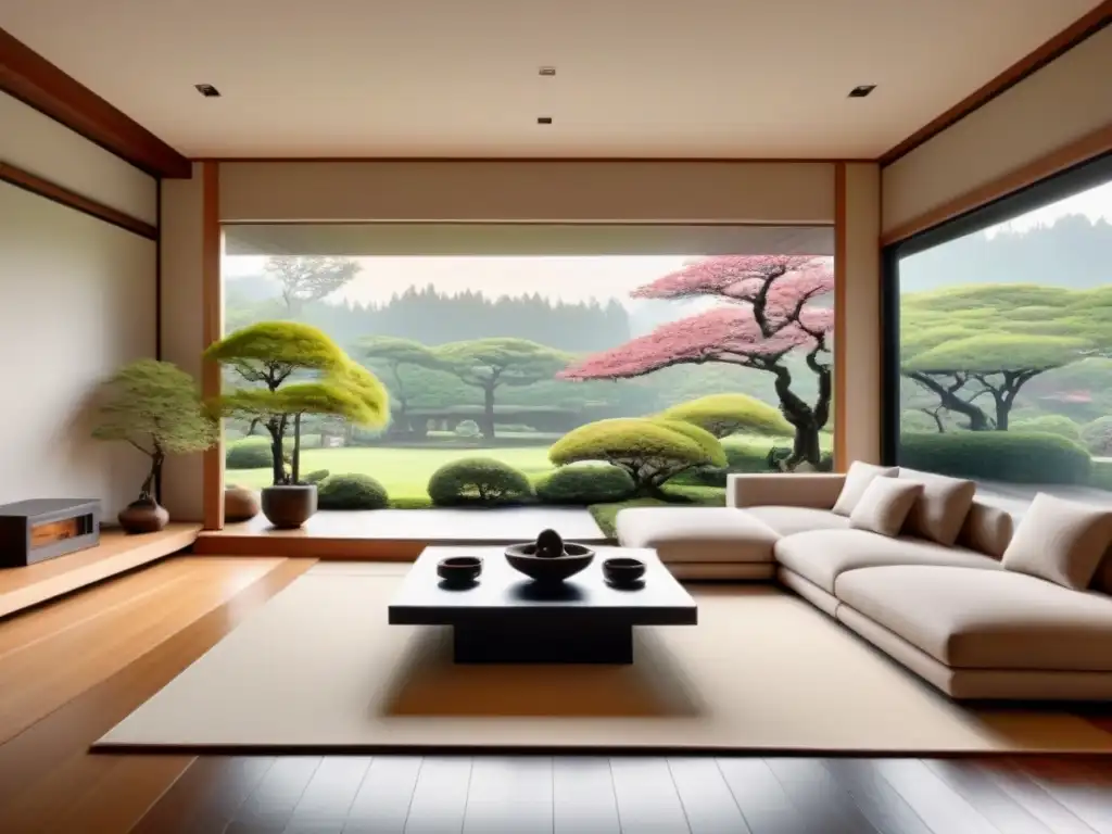 Salón minimalista con jardín japonés Diseño minimalista japonés en inmobiliaria: Sala de estar serena con vistas a jardín japonés