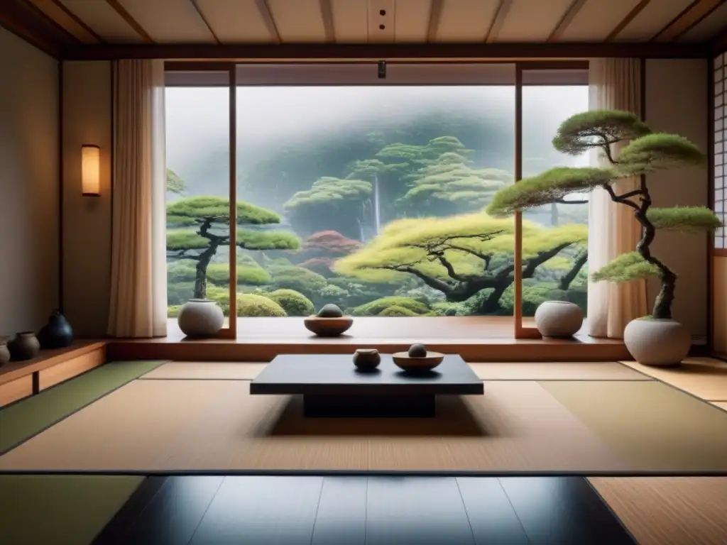 Salón japonés minimalista: elegancia y armonía en 8k Diseño minimalista japonés en inmobiliaria: Sala de estar japonesa elegante con elementos tradicionales y toques modernos, vista a jardín sereno