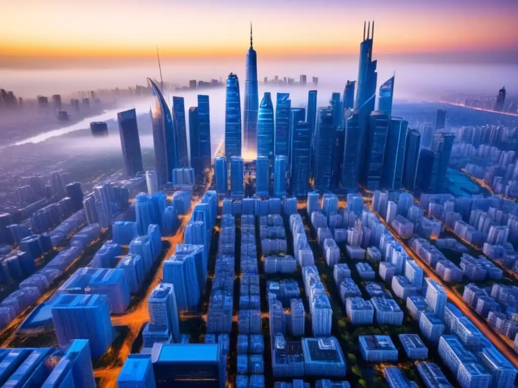 Metrópolis futurista con tecnología PropTech Modelos de negocio disruptivos inmobiliarios: Ciudad futurista con rascacielos, tecnología y innovación en un entorno moderno y vibrante