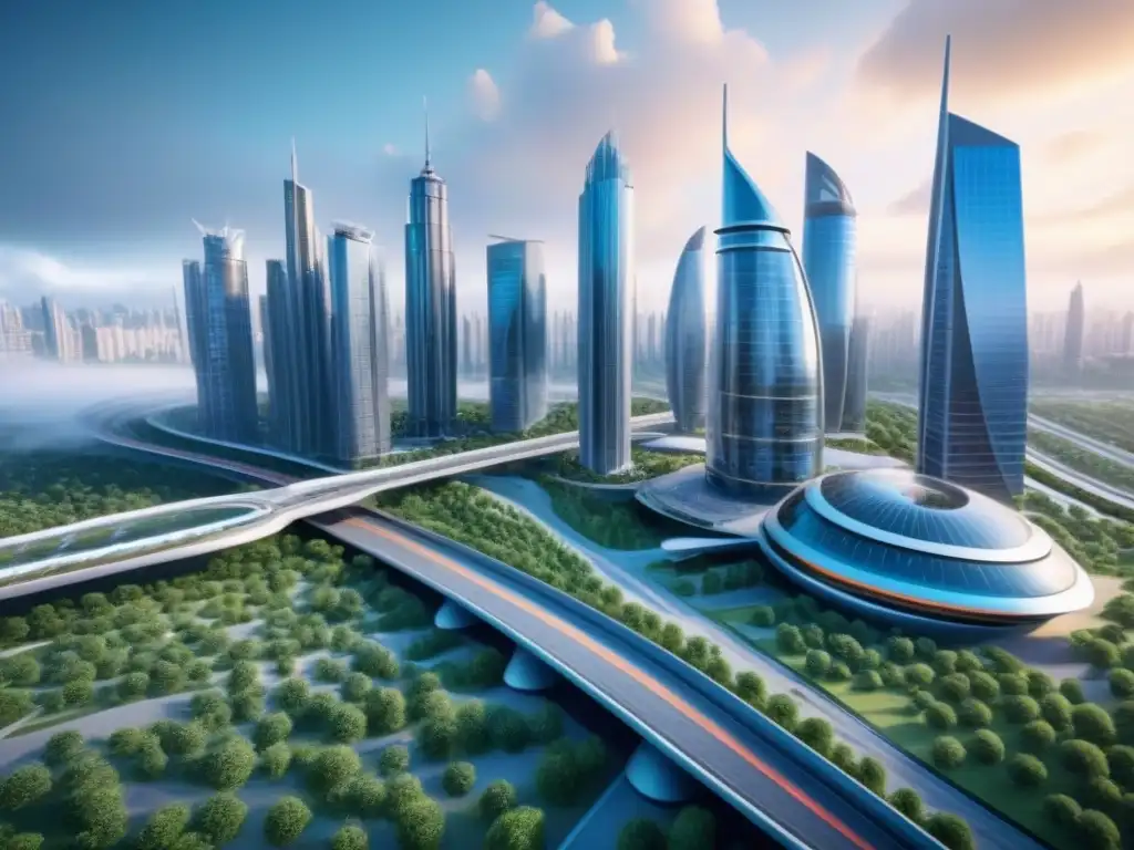 Metrópolis futurista: arquitectura innovadora y sostenible Modelos de negocio disruptivos inmobiliarios en una ciudad futurista con arquitectura innovadora y tecnología avanzada
