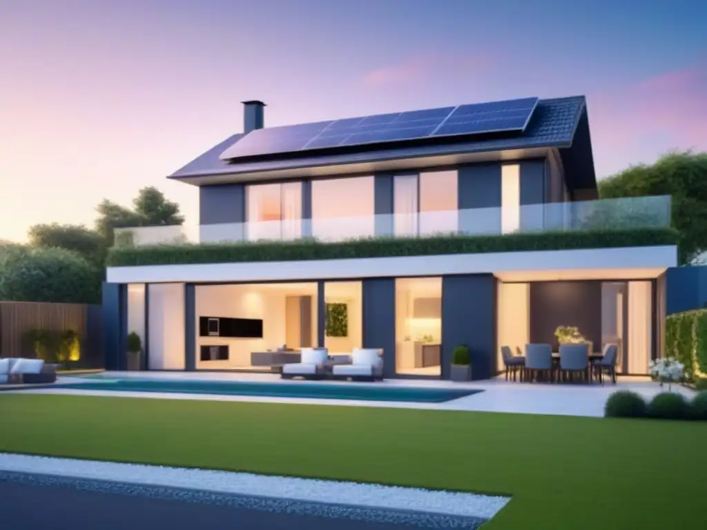 Casa inteligente energética con paneles solares y diseño moderno Moderna casa inteligente con paneles solares, termostatos inteligentes y electrodomésticos eficientes, reduciendo primas seguro vivienda propietarios