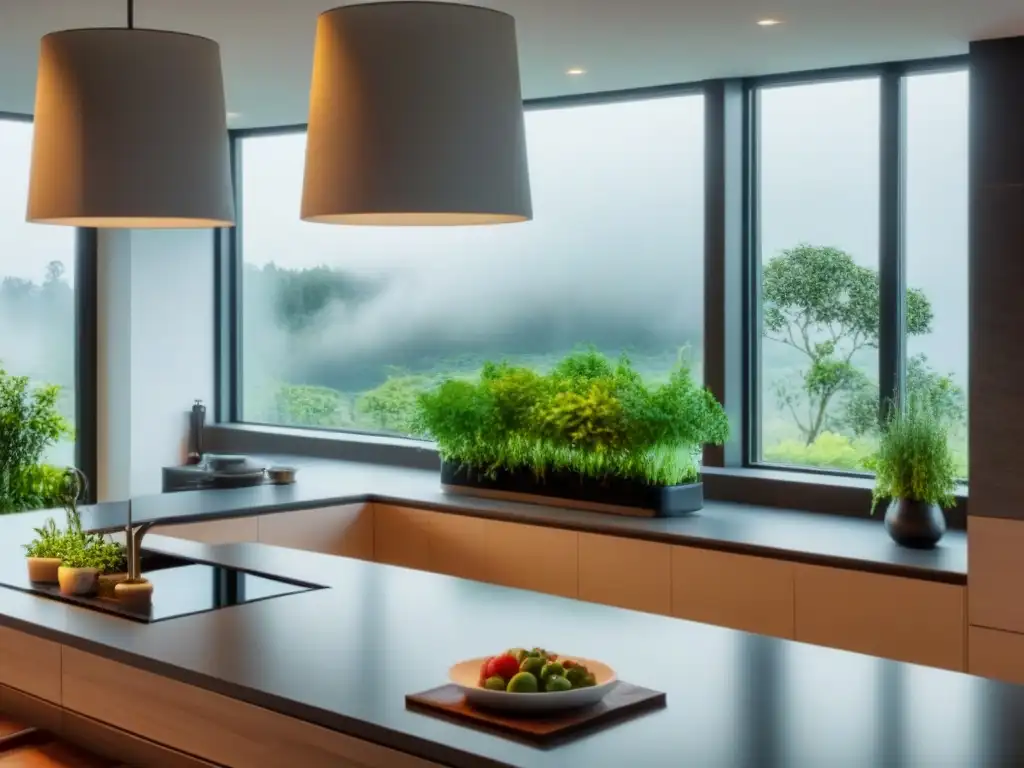 Cocina moderna de lujo con diseño sostenible y jardín interior vibrante Moderna cocina de lujo con certificaciones verdes en el mercado inmobiliario