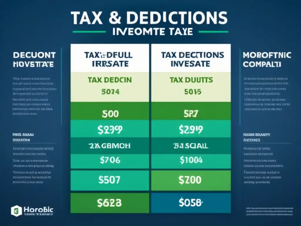 Infografía moderna de deducciones fiscales para inversores inmobiliarios Infografía moderna y detallada sobre deducciones fiscales para inversores inmobiliarios, en tonos azules y verdes