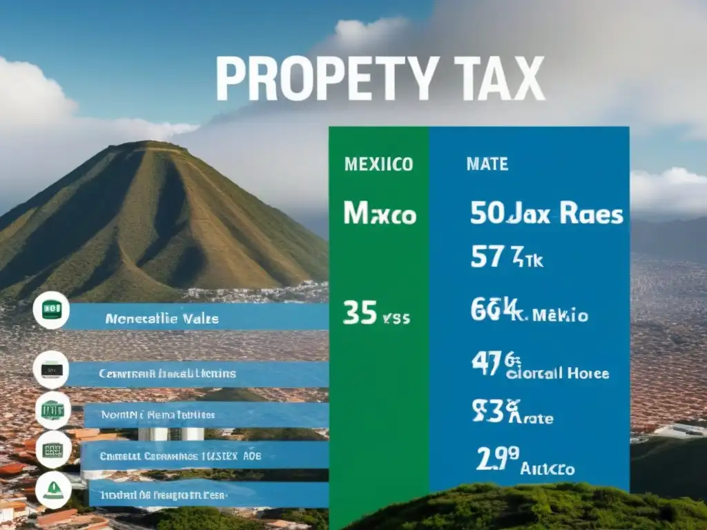 Comparativa impuestos inmuebles: ciudades clave en México Infografía moderna y detallada de impuestos locales propiedad México en ciudades, con gráficos y colores atractivos