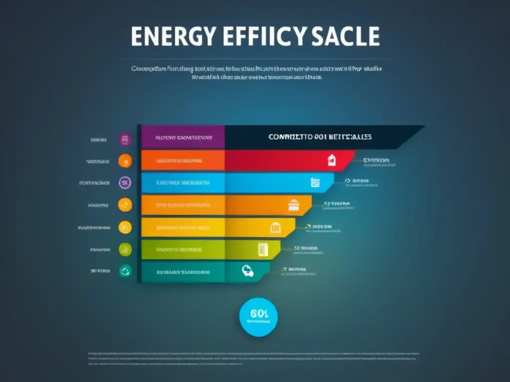 Infografía moderna: Eficiencia energética en inmuebles y electrodomésticos Infografía moderna que muestra la escala de eficiencia energética en electrodomésticos y edificios, con colores y datos claros