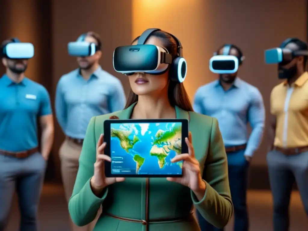 Tour virtual interactivo con guía moderno y participantes inmersivos Guía virtual moderna muestra mapa 3D a grupo diverso en paisaje digital futurista