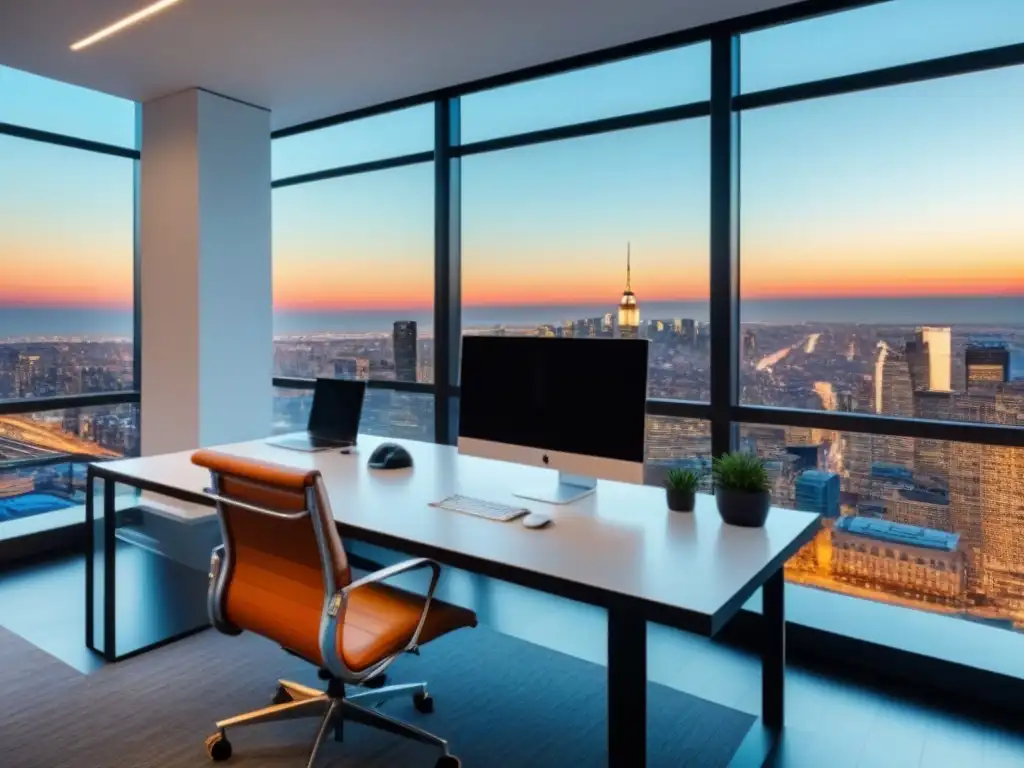 Oficina de inversión moderna con vista a la ciudad Una moderna oficina con vista a la ciudad para inversiones inmobiliarias: impuestos y estrategias
